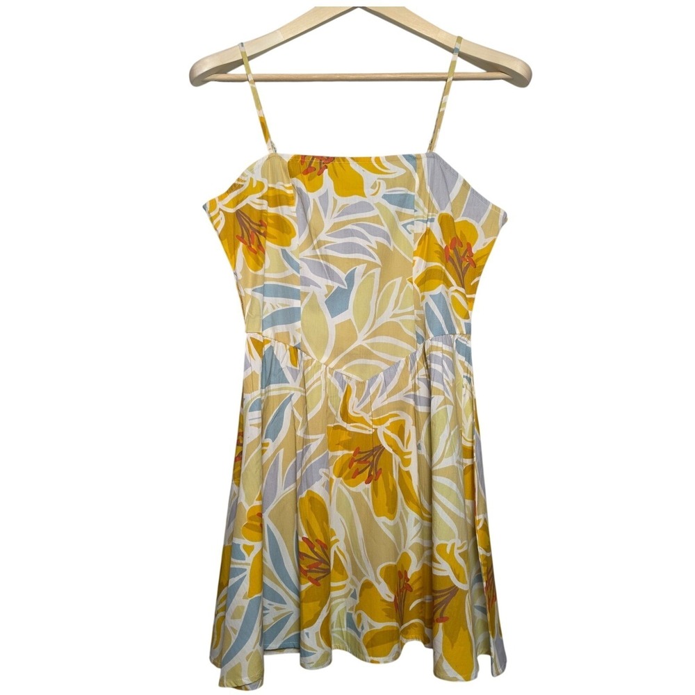Patrons of Peace Tropical Floral Cotton Smocked Mini Dress Yellow Blue Medium